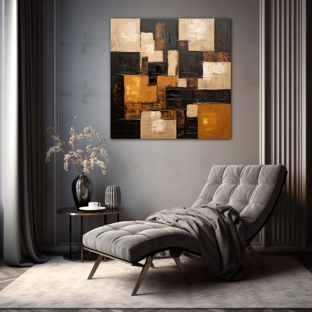 Wall Art titled: Diffuse Patterns in a Square format with: white, Golden, and Brown Colors; Decoration the Grey Walls wall