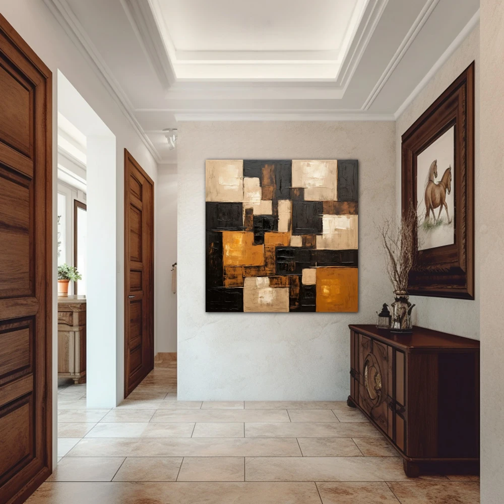 Cuadro patrones difusos en formato cuadrado con colores blanco, dorado, marrón; decorando pared de pasillo