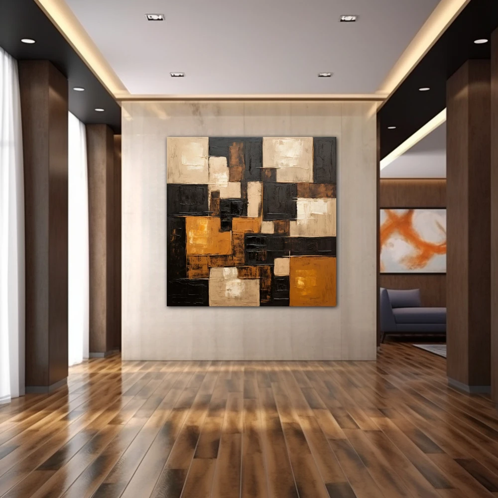 Wall Art titled: Diffuse Patterns in a Square format with: white, Golden, and Brown Colors; Decoration the Hallway wall