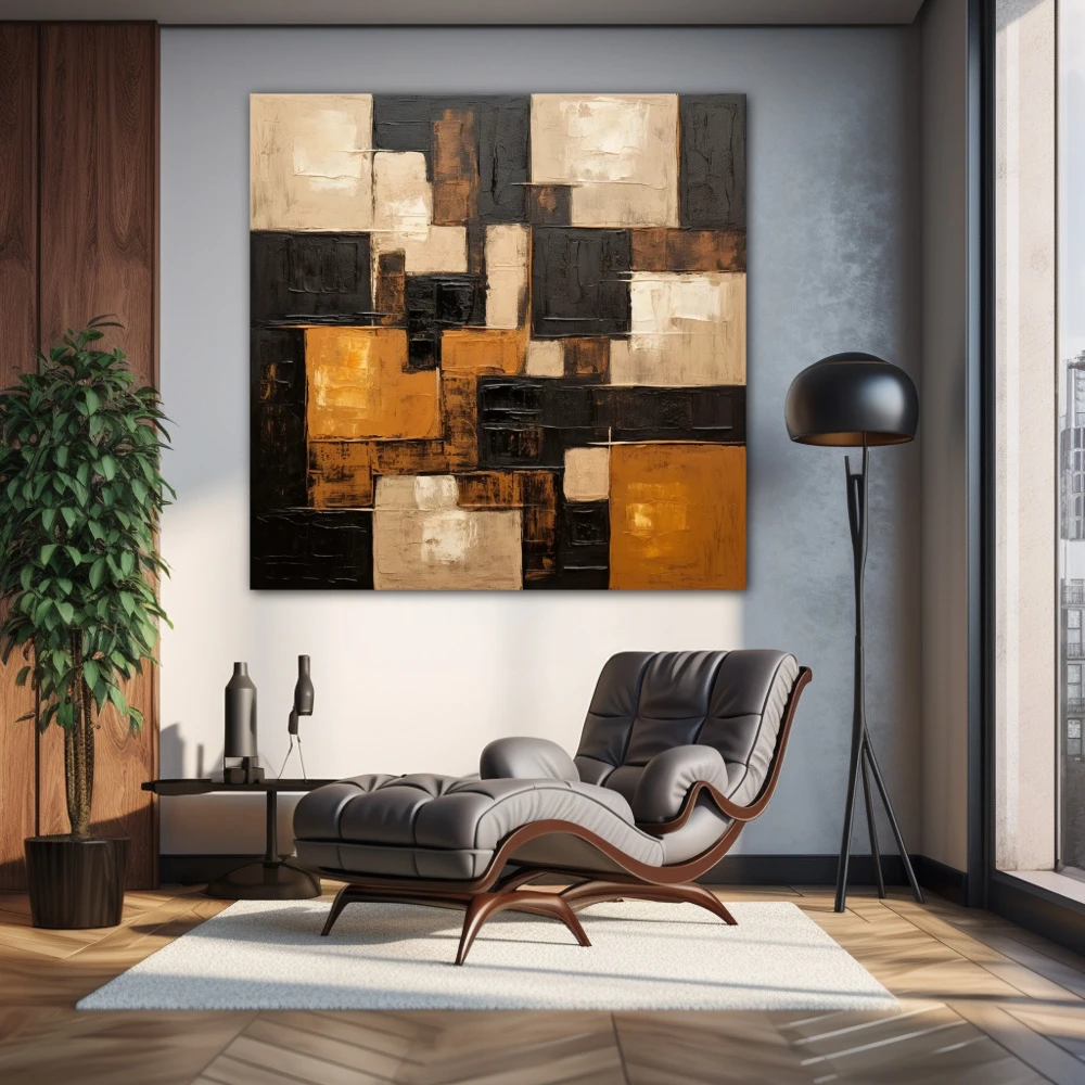 Cuadro patrones difusos en formato cuadrado con colores blanco, dorado, marrón; decorando pared de salón comedor