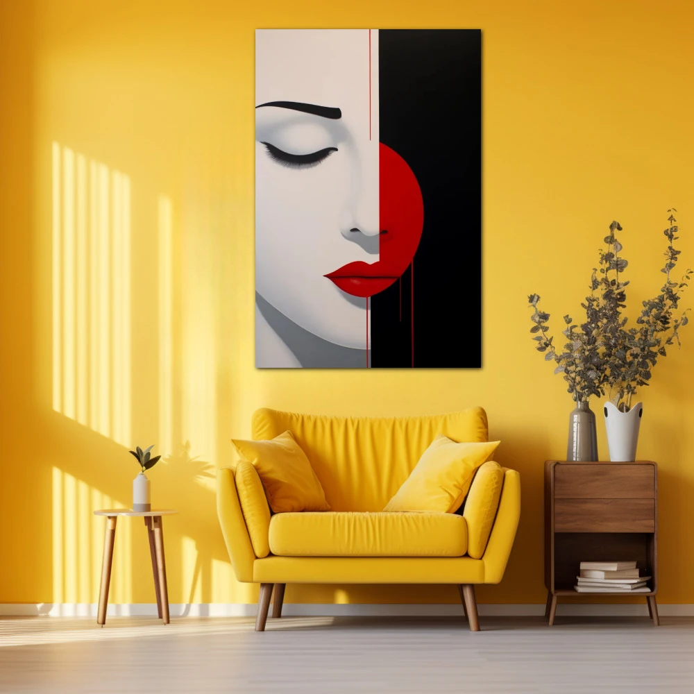 Wall Art titled: My Other Side in a Vertical format with: Black, and Red Colors; Decoration the Yellow Walls wall