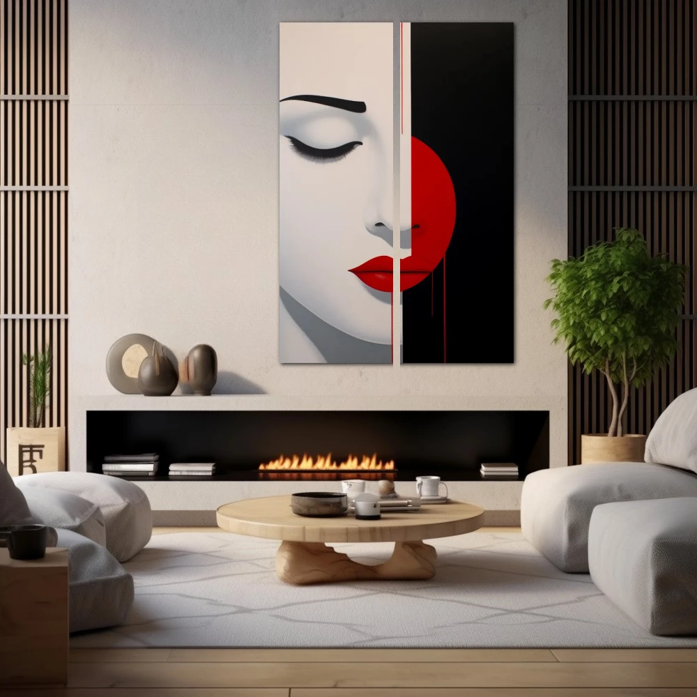 Wall Art titled: My Other Side in a Vertical format with: Black, and Red Colors; Decoration the Fireplace wall