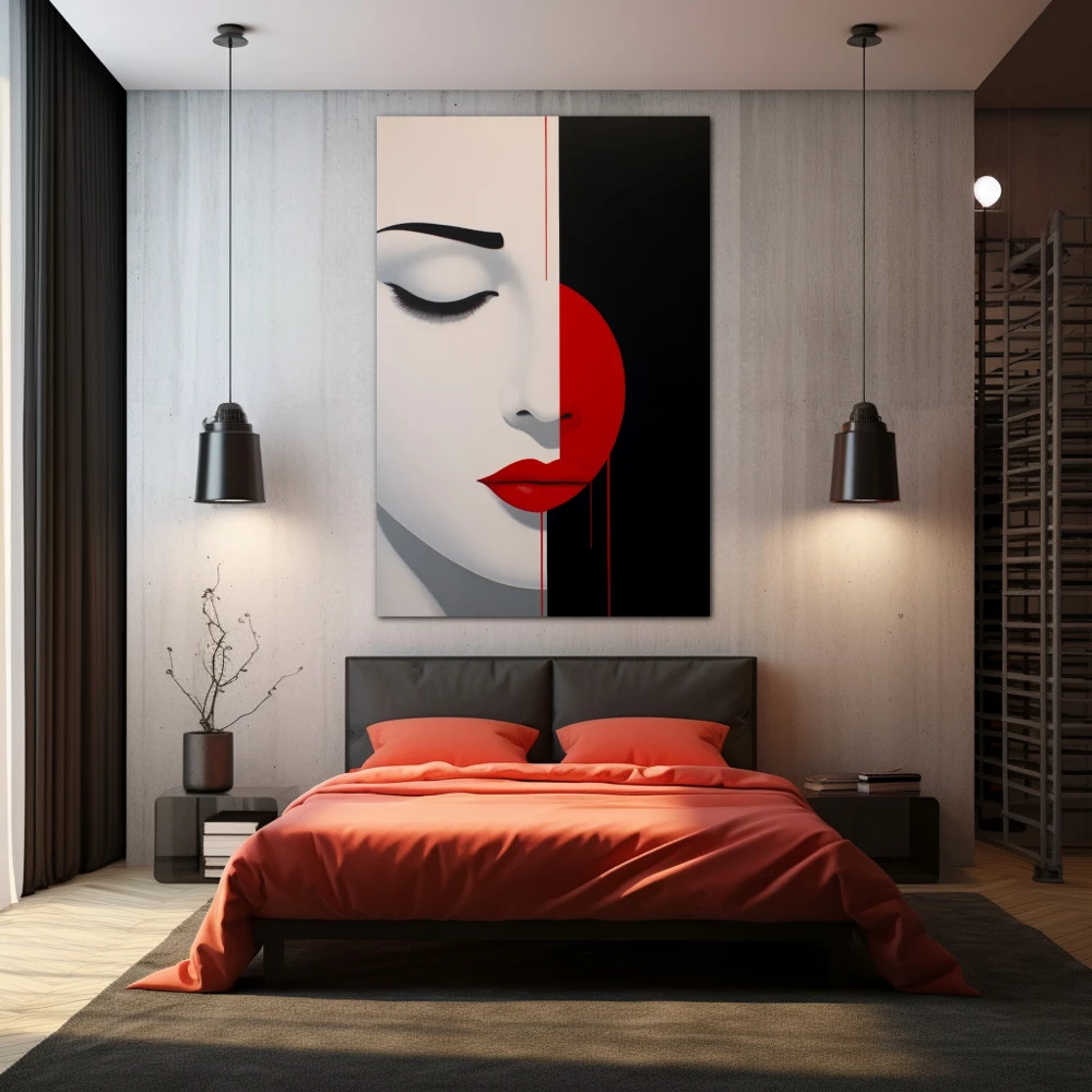 Cuadro mi otro lado en formato vertical con colores negro, rojo; decorando pared de habitación dormitorio