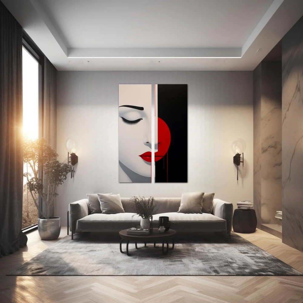 Cuadro mi otro lado en formato díptico con colores negro, rojo; decorando pared de salón comedor