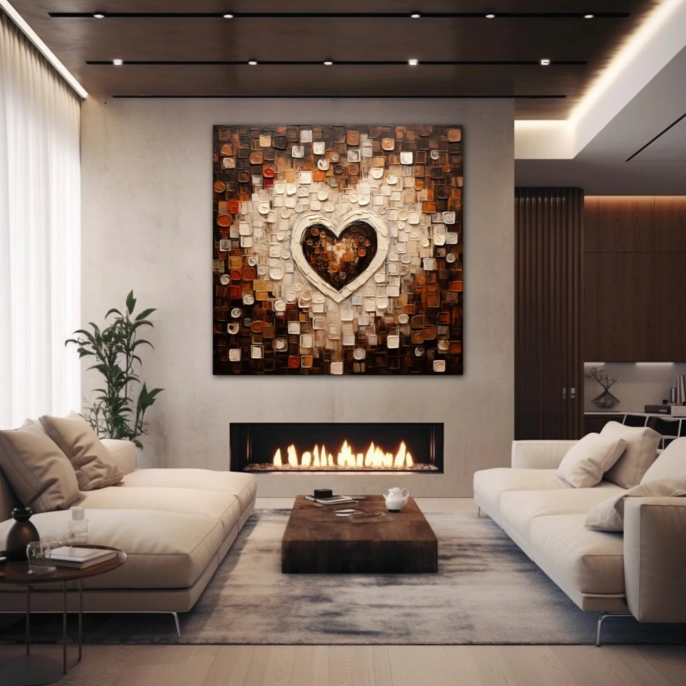 Cuadro amor al cuadrado en formato cuadrado con colores blanco, marrón, beige; decorando pared de chimenea