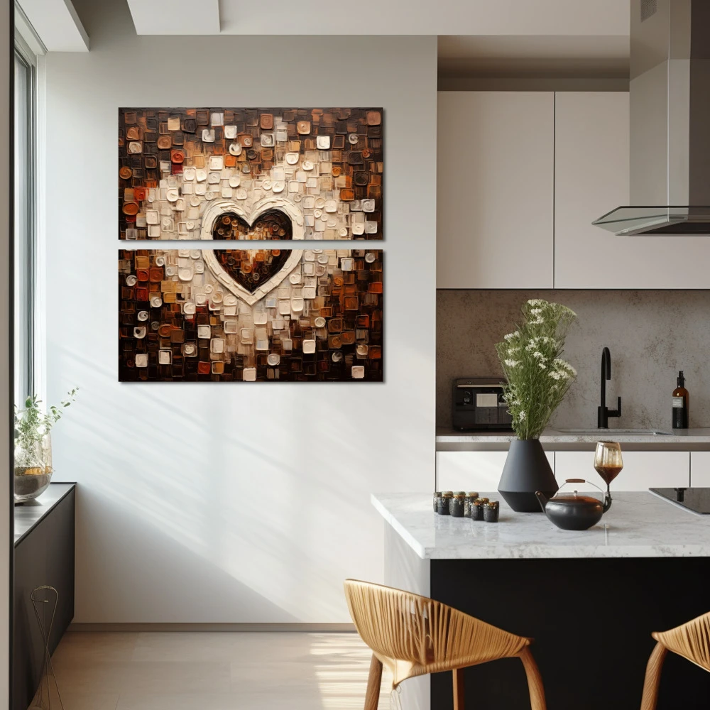 Cuadro amor al cuadrado en formato díptico con colores blanco, marrón, beige; decorando pared de cocina