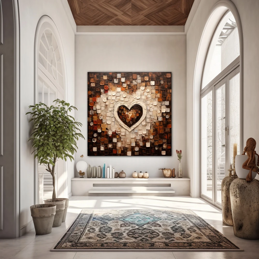 Cuadro amor al cuadrado en formato cuadrado con colores blanco, marrón, beige; decorando pared de entrada y recibidor