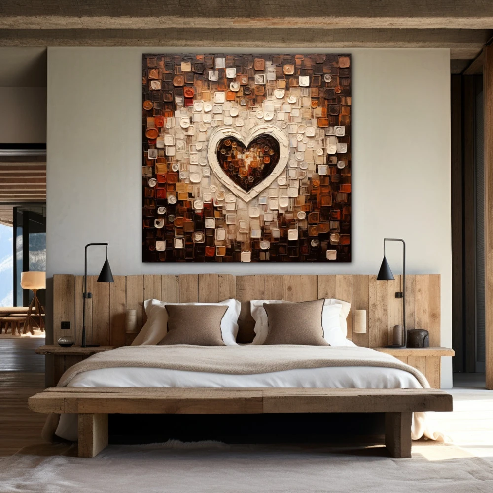 Cuadro amor al cuadrado en formato cuadrado con colores blanco, marrón, beige; decorando pared de habitación dormitorio