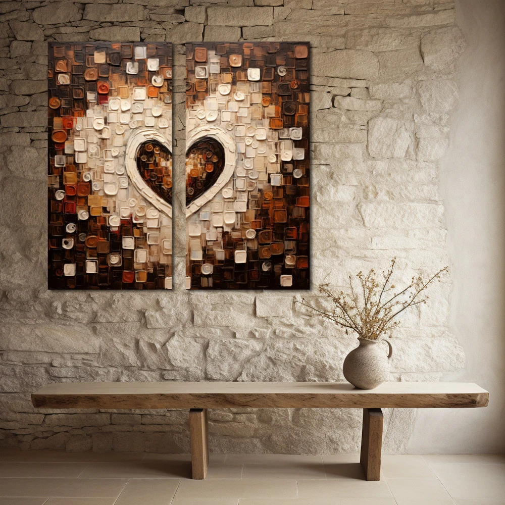 Wall Art titled: Love Squared in a Square format with: white, Brown, and Beige Colors; Decoration the Stone Walls wall