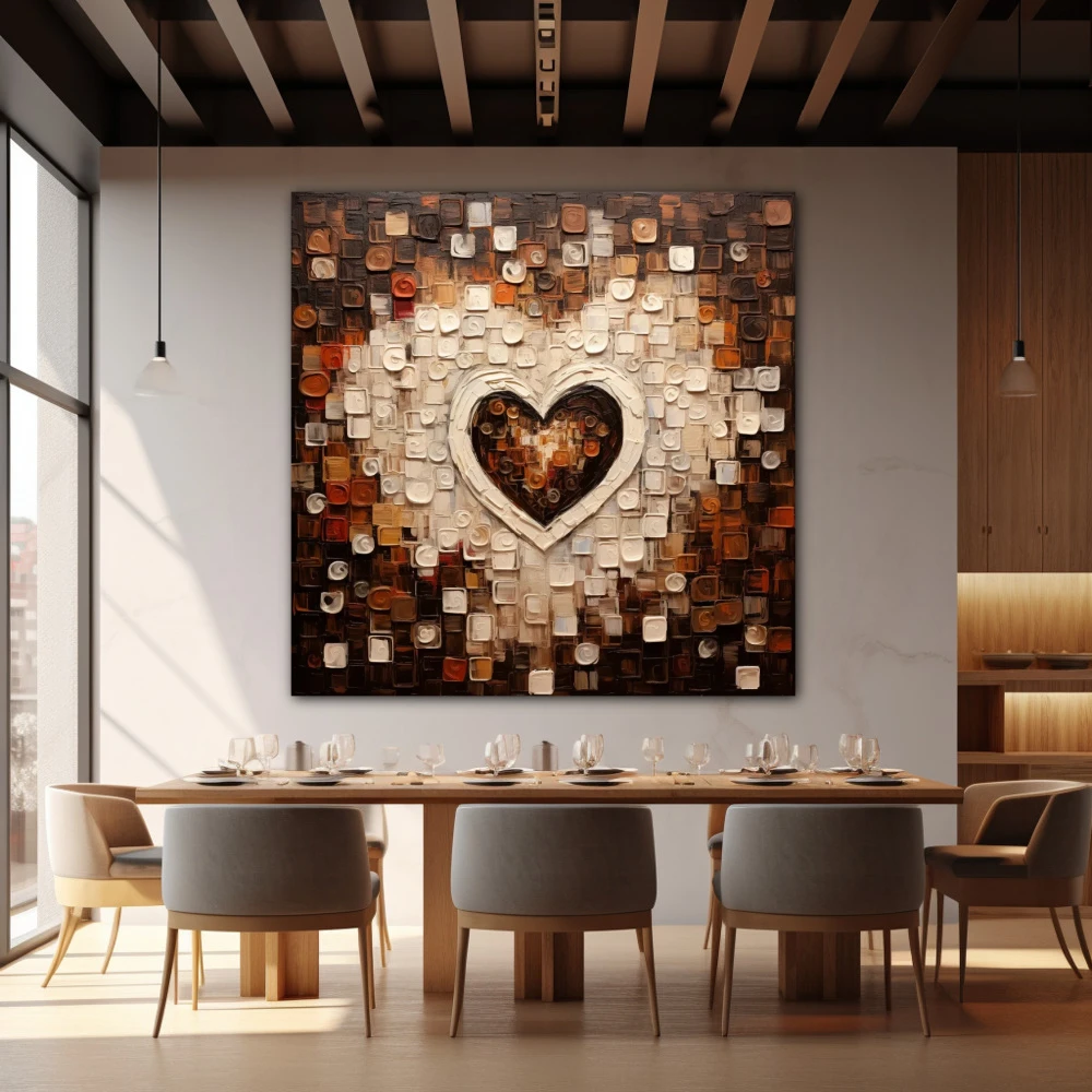 Cuadro amor al cuadrado en formato cuadrado con colores blanco, marrón, beige; decorando pared de restaurante