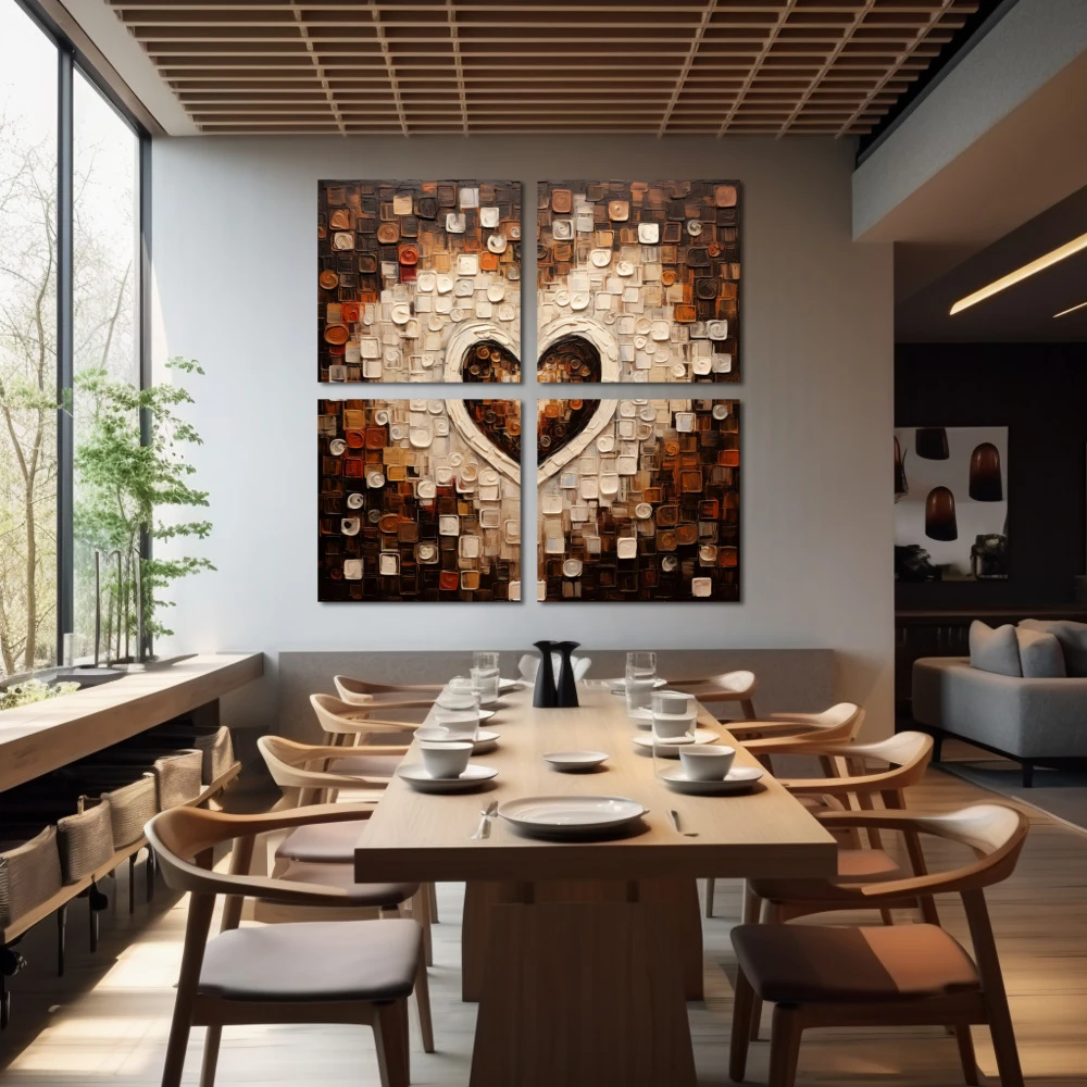 Cuadro amor al cuadrado en formato políptico con colores blanco, marrón, beige; decorando pared de restaurante