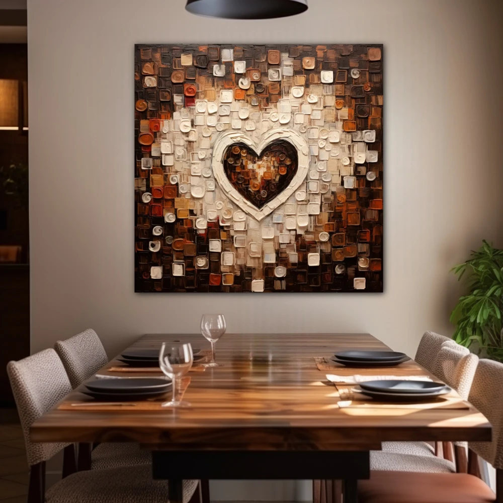 Cuadro amor al cuadrado en formato cuadrado con colores blanco, marrón, beige; decorando pared de salón comedor