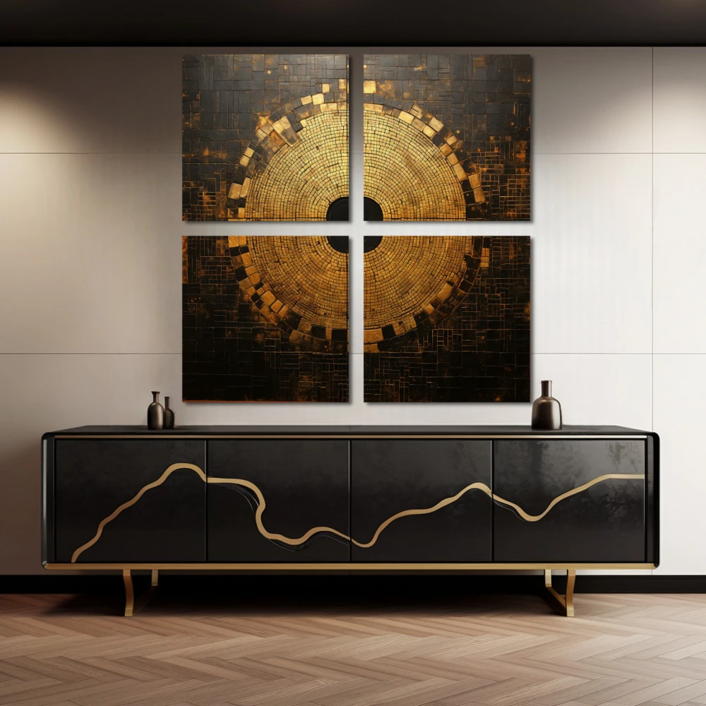 Wall Art titled: Squaring the Circle in a Square format with: Golden, and Brown Colors; Decoration the Sideboard wall