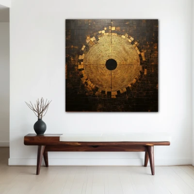 Wall Art titled: Squaring the Circle in a Square format with: Golden, and Brown Colors; Decoration the White Wall wall