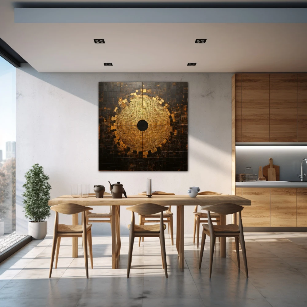 Cuadro cuadrando el circulo en formato cuadrado con colores dorado, marrón; decorando pared de cocina