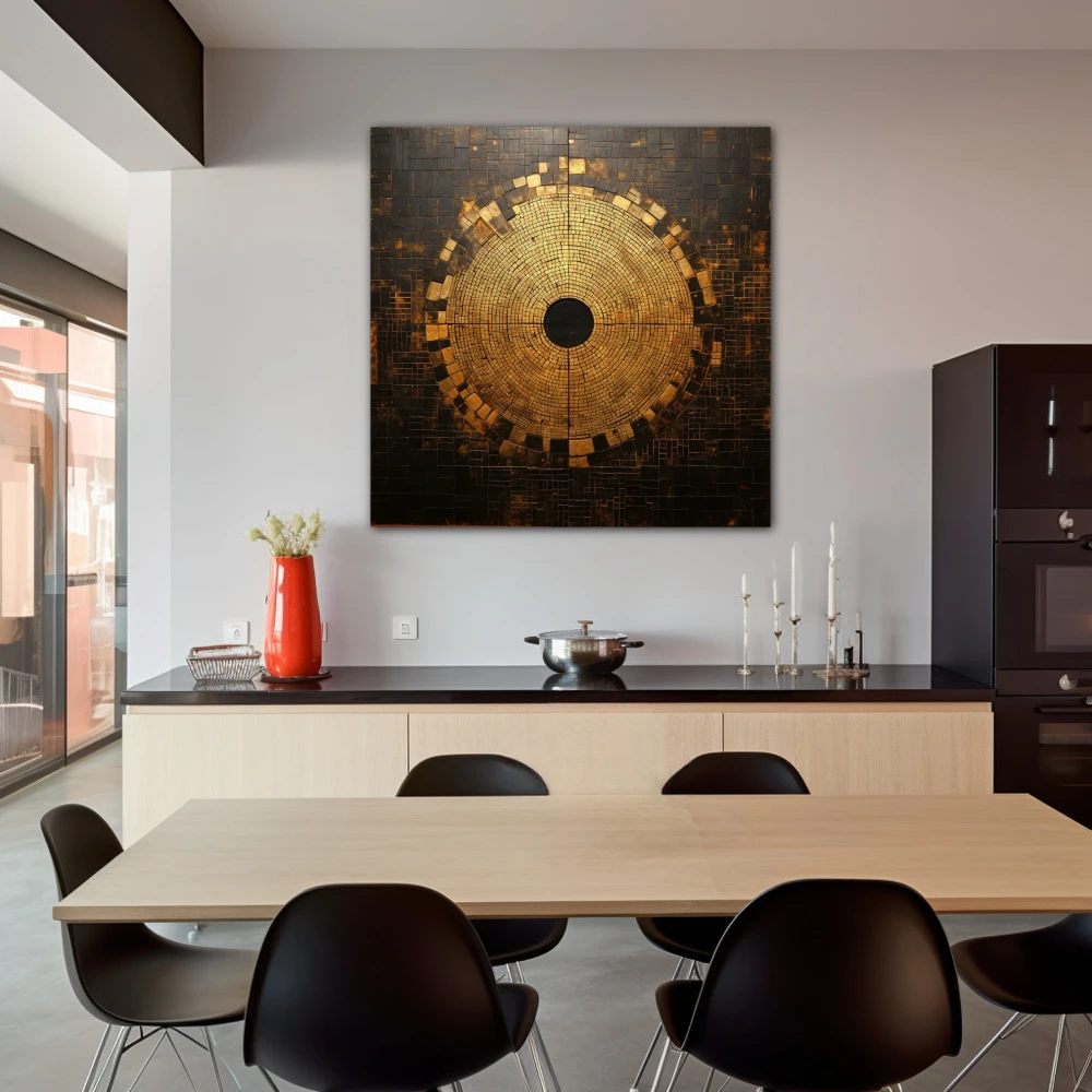 Cuadro cuadrando el circulo en formato cuadrado con colores dorado, marrón; decorando pared de cocina