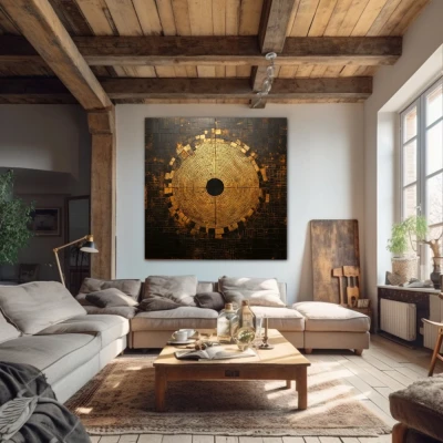 Wall Art titled: Squaring the Circle in a Square format with: Golden, and Brown Colors; Decoration the Above Couch wall