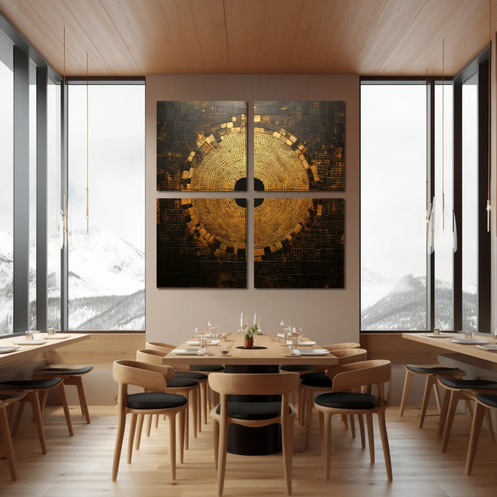 Cuadro cuadrando el circulo en formato políptico con colores dorado, marrón; decorando pared de restaurante