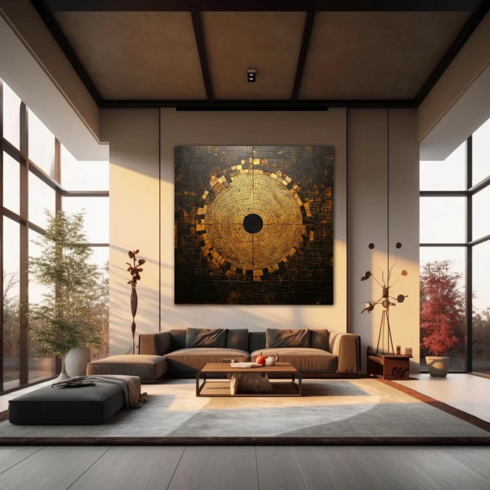 Cuadro cuadrando el circulo en formato cuadrado con colores dorado, marrón; decorando pared de salón comedor