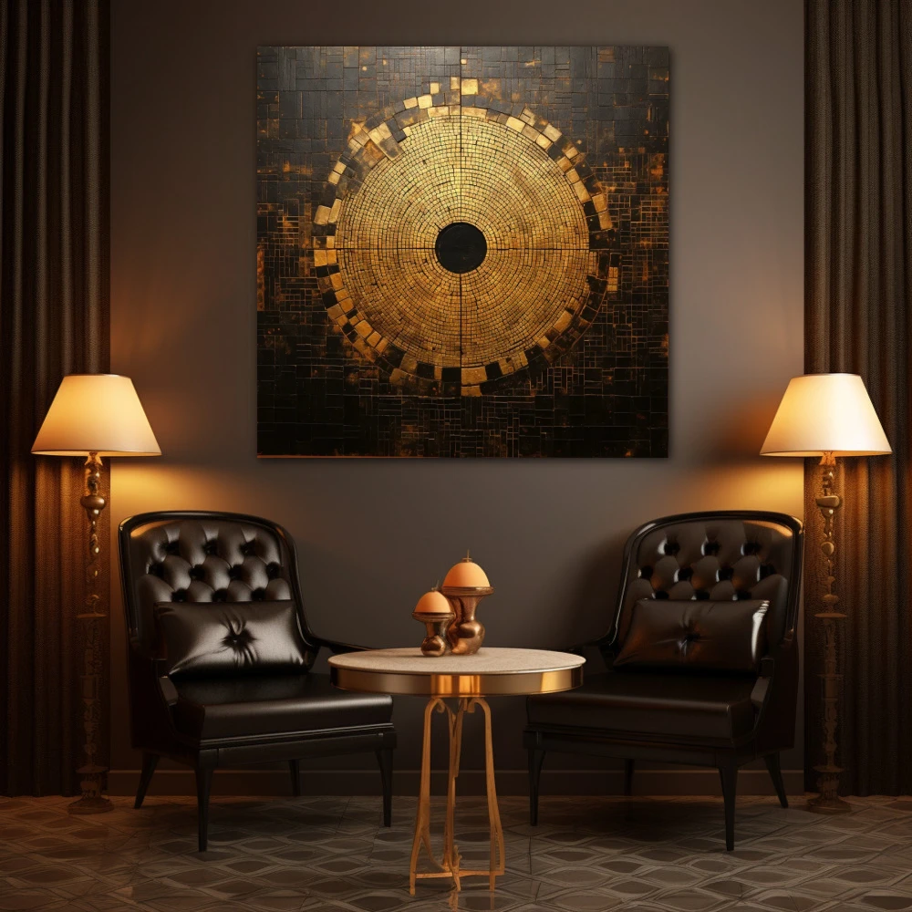 Cuadro cuadrando el circulo en formato cuadrado con colores dorado, marrón; decorando pared de salón comedor