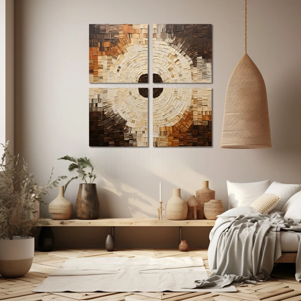 Cuadro el circulo al cuadrado en formato políptico con colores marrón, beige; decorando pared beige