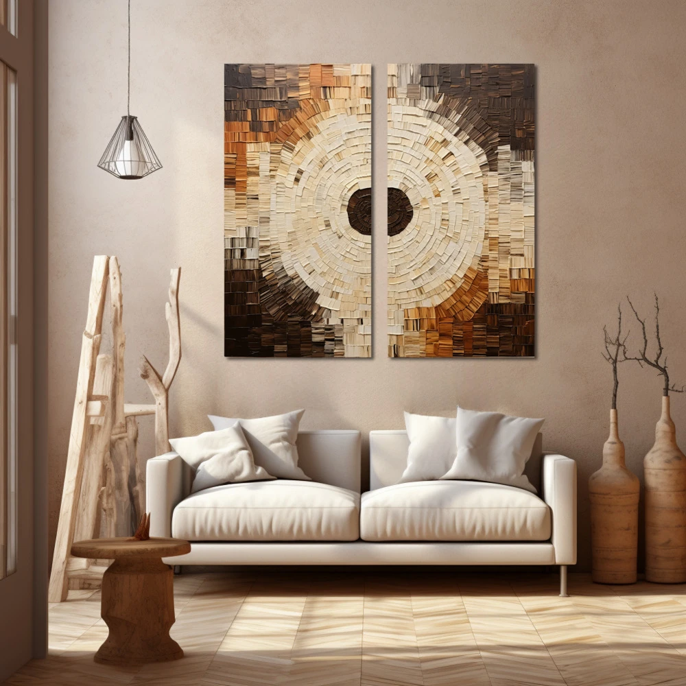 Cuadro el circulo al cuadrado en formato díptico con colores marrón, beige; decorando pared beige