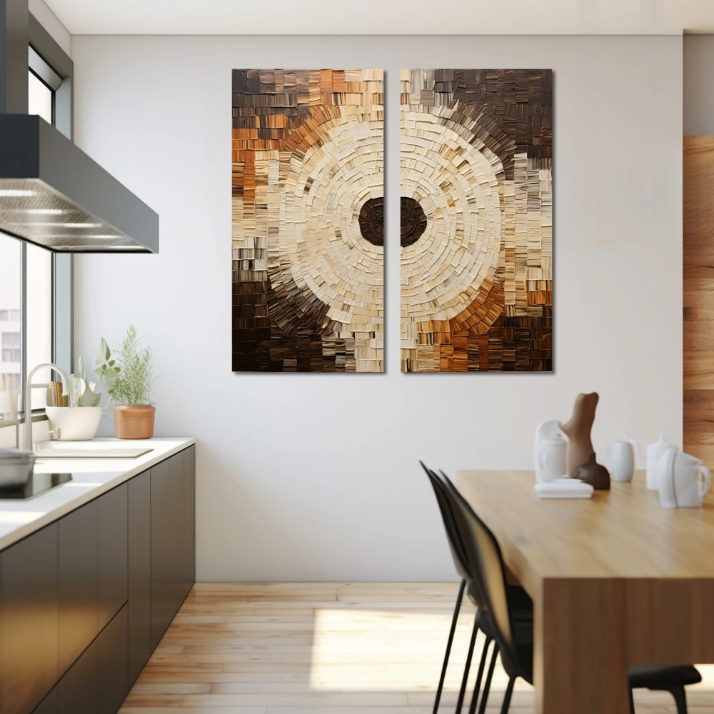Cuadro el circulo al cuadrado en formato díptico con colores marrón, beige; decorando pared de cocina