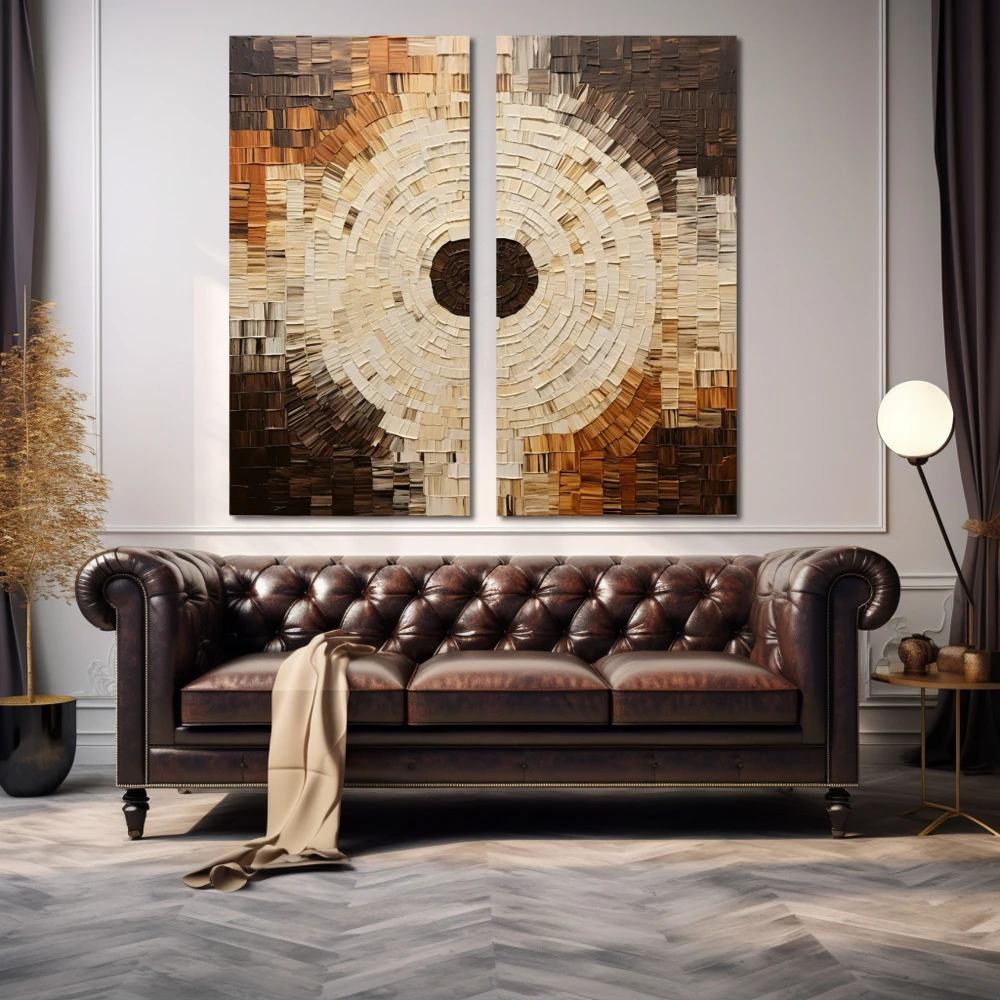 Cuadro el circulo al cuadrado en formato díptico con colores marrón, beige; decorando pared de encima del sofá
