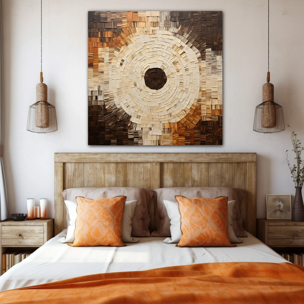 Cuadro el circulo al cuadrado en formato cuadrado con colores marrón, beige; decorando pared de habitación dormitorio