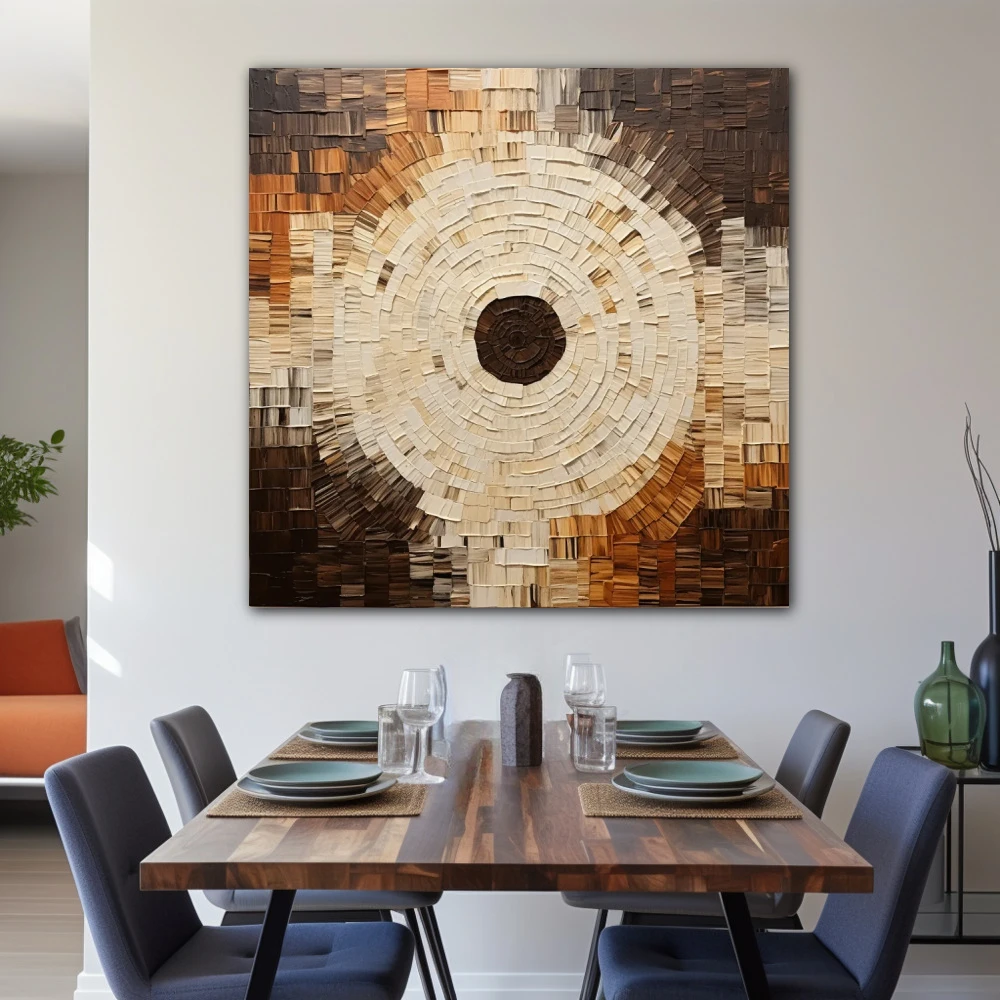Cuadro el circulo al cuadrado en formato cuadrado con colores marrón, beige; decorando pared de salón comedor