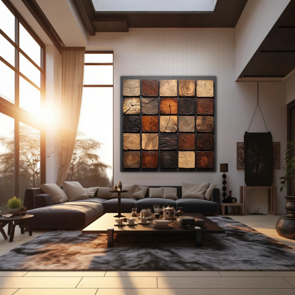 Wall Art titled: Rustic Board in a Square format with: Grey, Brown, and Beige Colors; Decoration the Living Room wall