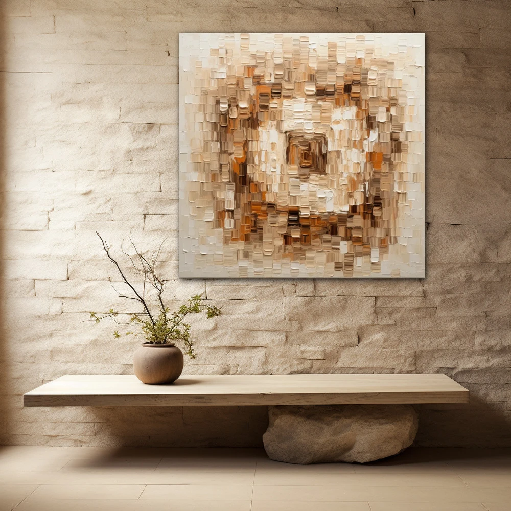 Cuadro el cuadrado difuso en formato cuadrado con colores marrón, naranja, beige; decorando pared piedra