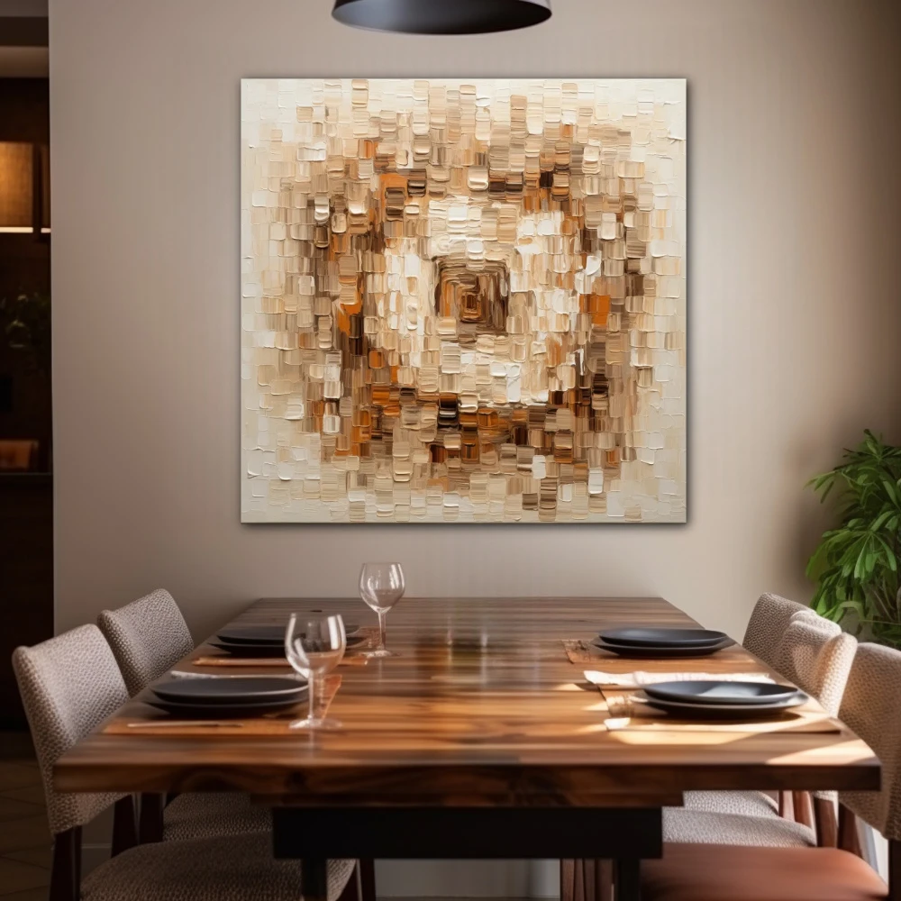 Cuadro el cuadrado difuso en formato cuadrado con colores marrón, naranja, beige; decorando pared de salón comedor