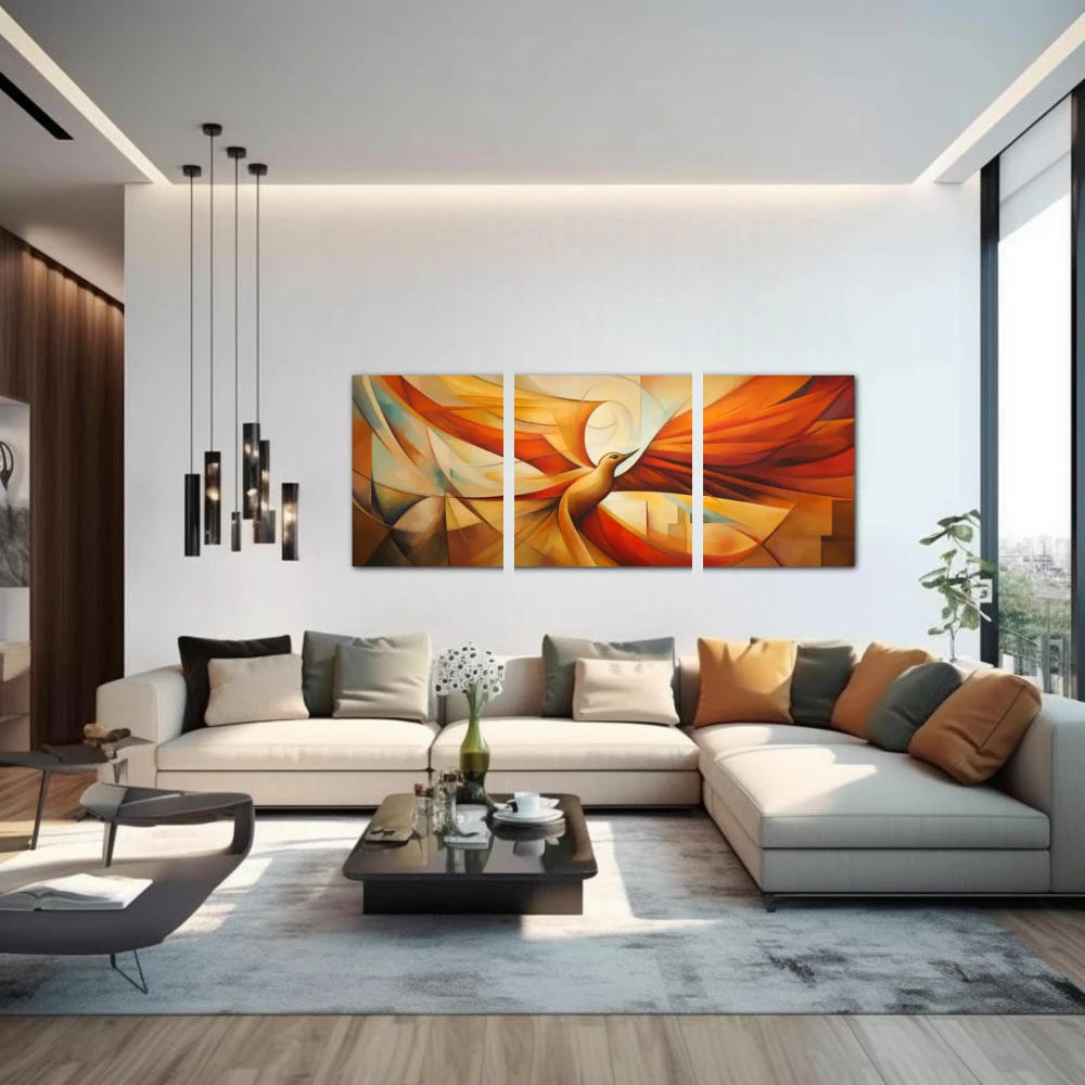 Wall Art titled: Cubist Phoenix in a Elongated format with: Yellow, and Orange Colors; Decoration the Above Couch wall