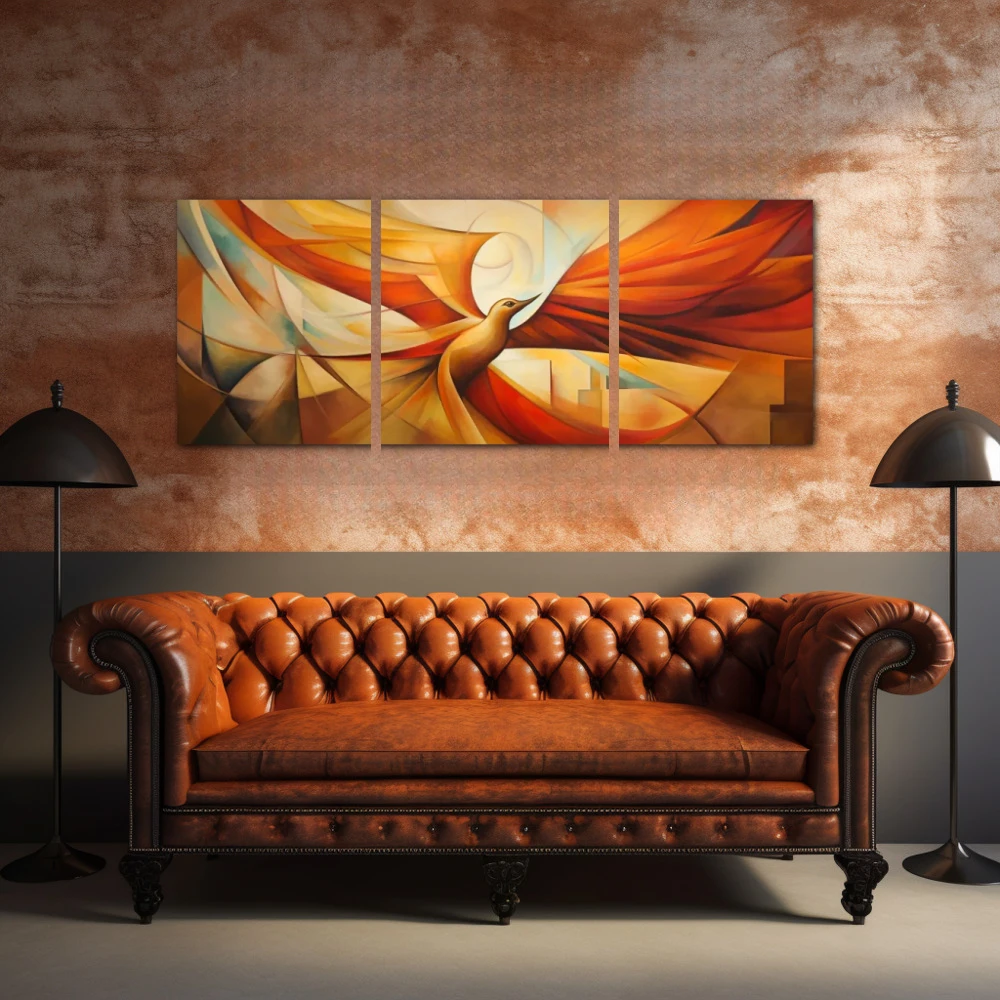 Cuadro ave fenix cubista en formato políptico con colores amarillo, naranja; decorando pared de encima del sofá