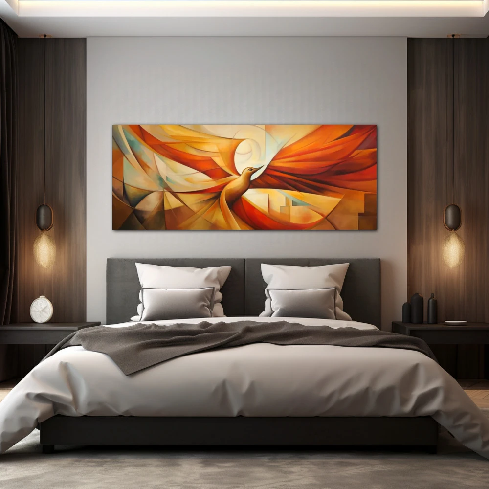 Wall Art titled: Cubist Phoenix in a Elongated format with: Yellow, and Orange Colors; Decoration the Bedroom wall