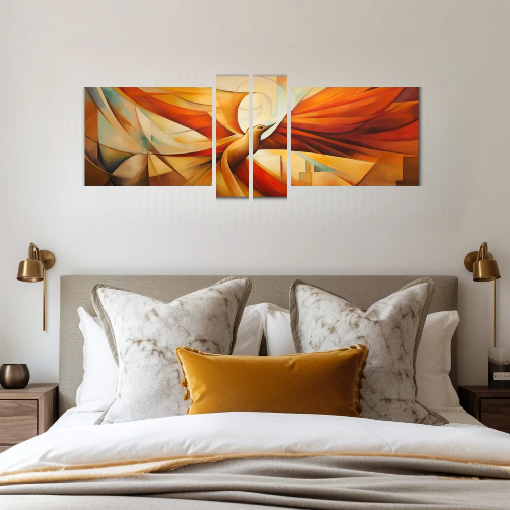 Cuadro ave fenix cubista en formato políptico con colores amarillo, naranja; decorando pared de habitación dormitorio