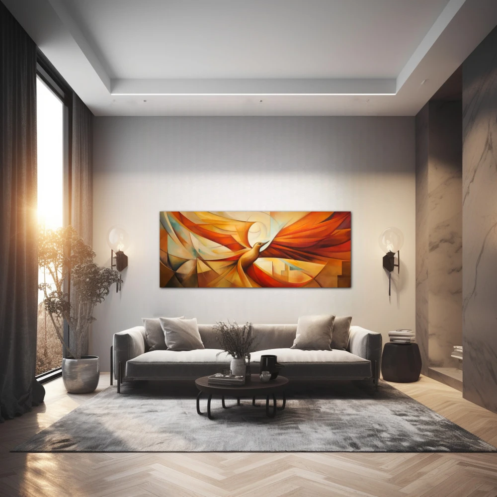 Wall Art titled: Cubist Phoenix in a Elongated format with: Yellow, and Orange Colors; Decoration the Living Room wall