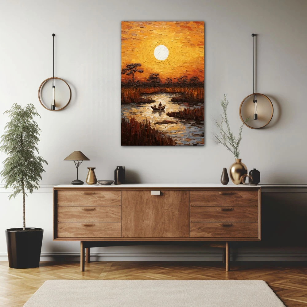 Wall Art titled: Fishing on the Nile River in a Vertical format with: Brown, Mustard, and Orange Colors; Decoration the Sideboard wall