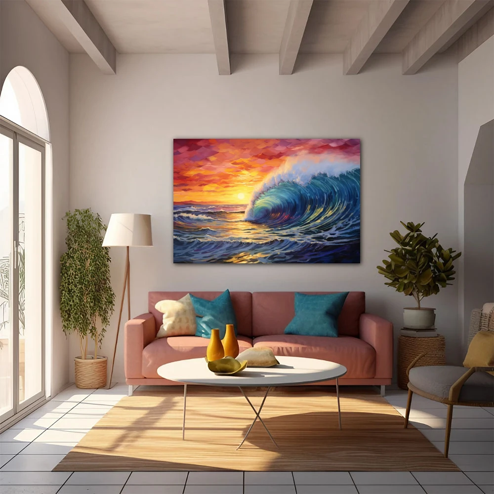 Wall Art titled: Surfing the Sunset in a Horizontal format with: Yellow, Blue, and Red Colors; Decoration the  wall