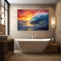 Wall Art titled: Surfing the Sunset in a Horizontal format with: Yellow, Blue, and Red Colors; Decoration the Bathroom wall