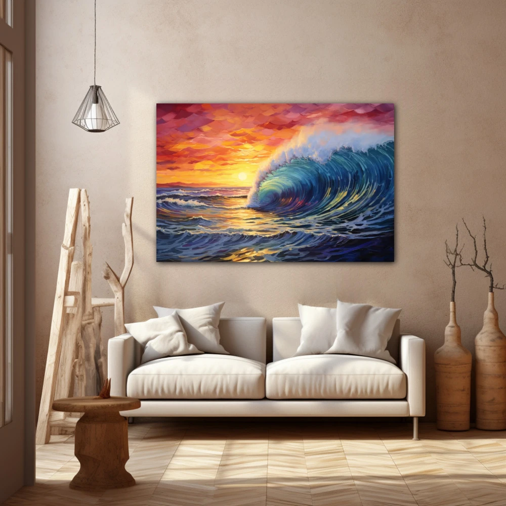 Wall Art titled: Surfing the Sunset in a Horizontal format with: Yellow, Blue, and Red Colors; Decoration the Beige Wall wall