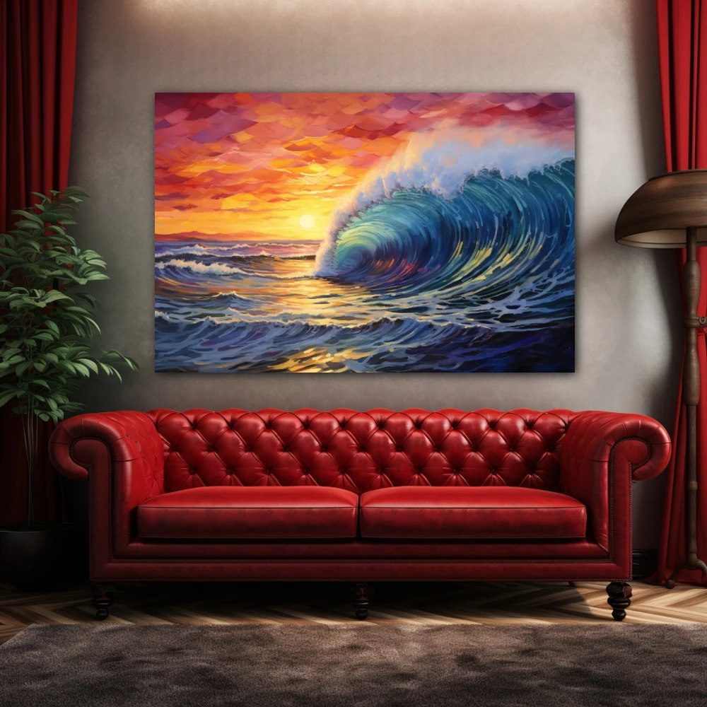 Cuadro surfeando el atardecer en formato horizontal con colores amarillo, azul, rojo; decorando pared de encima del sofá