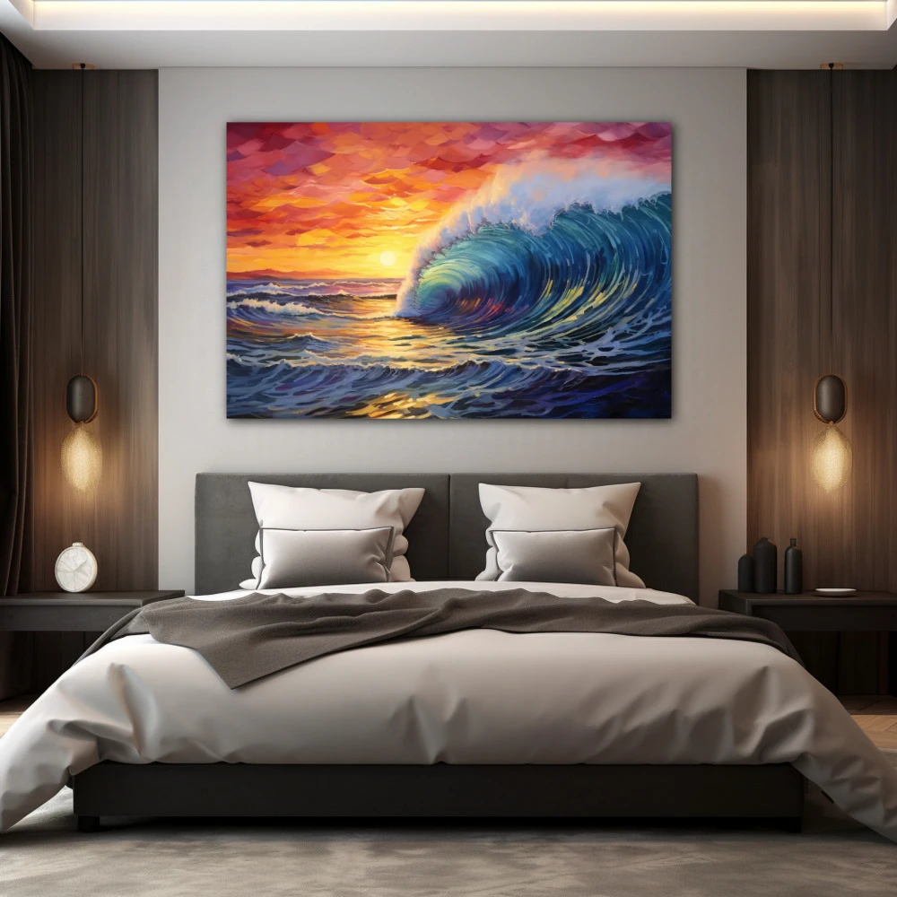 Cuadro surfeando el atardecer en formato horizontal con colores amarillo, azul, rojo; decorando pared de habitación dormitorio
