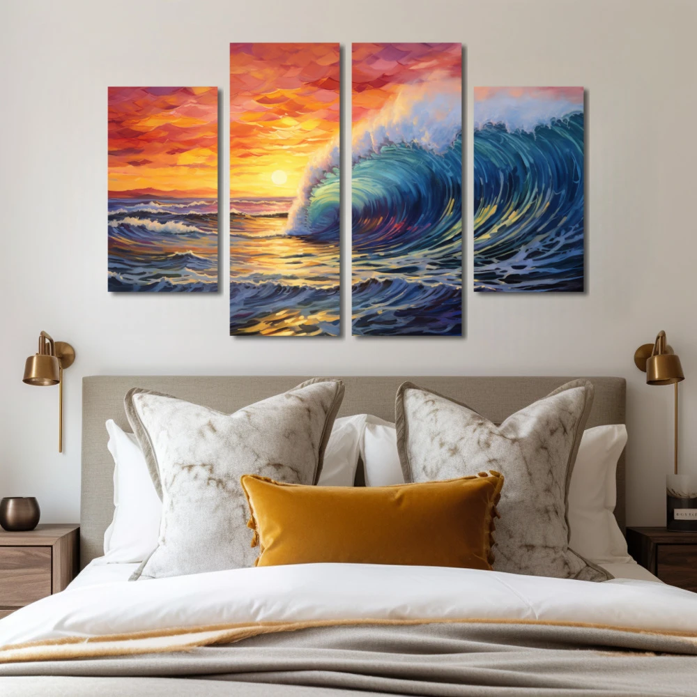 Wall Art titled: Surfing the Sunset in a Horizontal format with: Yellow, Blue, and Red Colors; Decoration the Bedroom wall