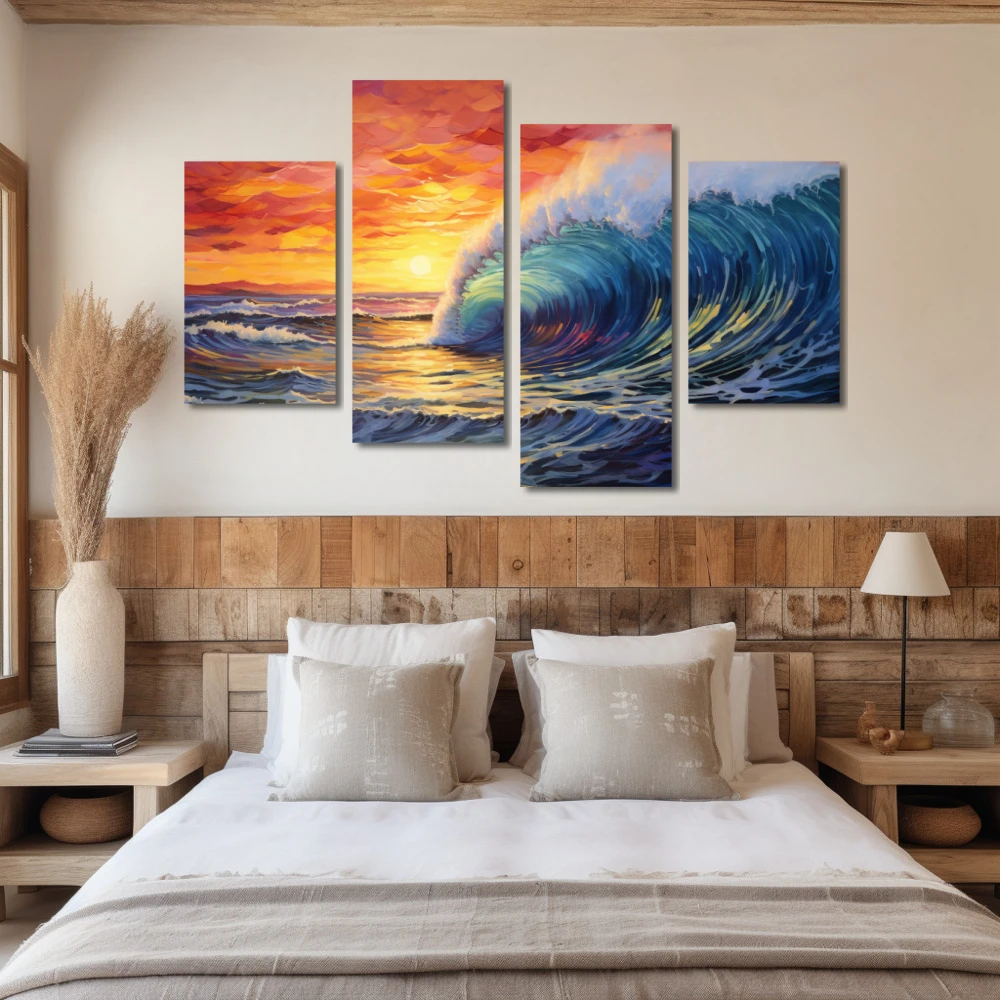 Wall Art titled: Surfing the Sunset in a Horizontal format with: Yellow, Blue, and Red Colors; Decoration the Bedroom wall