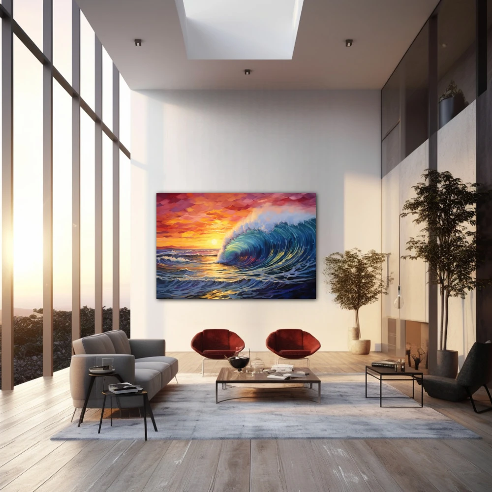 Wall Art titled: Surfing the Sunset in a Horizontal format with: Yellow, Blue, and Red Colors; Decoration the Living Room wall