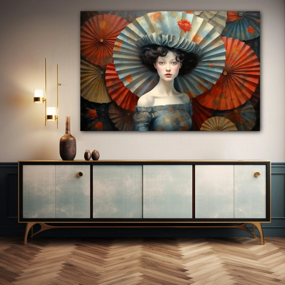 Wall Art titled: The Umbrellas in a Horizontal format with: Grey, and Red Colors; Decoration the Sideboard wall