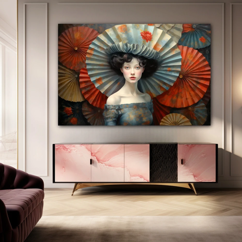 Wall Art titled: The Umbrellas in a Horizontal format with: Grey, and Red Colors; Decoration the Sideboard wall