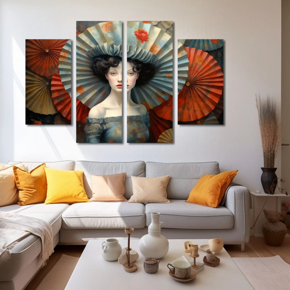Wall Art titled: The Umbrellas in a Horizontal format with: Grey, and Red Colors; Decoration the White Wall wall